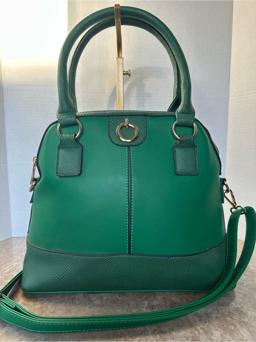 Cleo Green Faux Leather Dome Satchel Bag Crossbody Classic Modern Chic Purse